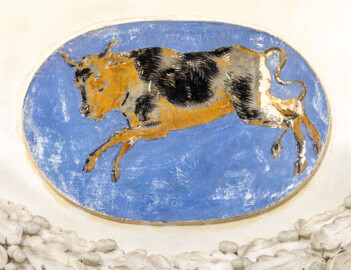 Schloss und Schlossgarten Schwetzingen - Garten - Tempel der Botanik - Von innen - 12 Tierkreiszeichen unterhalb der Kuppel - Blick auf das Tierkreiszeichen Stier (Tempel: Durchmesser ca. 7 Meter; Bauzeit: 1777-1780; Architekt: Nicolas de Pigage) (aufgenommen im September 2023, am Nachmittag) Schloss und Schlossgarten Schwetzingen - Garten - Tempel der Botanik - Von innen - 12 Tierkreiszeichen unterhalb der Kuppel - Blick auf das Tierkreiszeichen Stier (Tempel: Durchmesser ca. 7 Meter; Bauzeit: 1777-1780; Architekt: Nicolas de Pigage) (aufgenommen im September 2023, am Nachmittag)