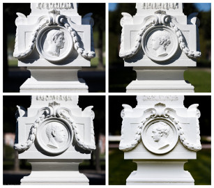Schloss und Schlossgarten Schwetzingen - Garten - Kreisparterre, nordwestliches Rasenfeld, entlang der Nord-Süd-Achse - Nordwestlicher Obelisk, Ost-/Süd-/West-/Nordseite - Blick auf verwitterte Profilbildnisse / Flachreliefs, umgeben von Lorbeerfestons (Personen nicht eindeutig identifizierbar) (Bildhauer: Peter Anton von Verschaffelt (1710-1793); Datierung: 1762-69; Obelisken Teil einer Vierergruppe im Kreisparterre; Material: roter Sandstein (Medaillons aus gelbem Sandstein); Fassung: Weiß; Obelisk dreigeteilt; Sockel, Block mit Medaillonbildnissen, eigentlicher Obelisk; Abmessungen: Höhe ca. 6 Meter, Sockel Höhe 155 cm / Breite 87 cm, Block mit Medaillons Höhe 67 cm / Breite 87 cm; Obelisk oben mit Tropfsteindekor) (aufgenommen im September 2023) Schloss und Schlossgarten Schwetzingen - Garten - Kreisparterre, nordwestliches Rasenfeld, entlang der Nord-Süd-Achse - Nordwestlicher Obelisk, Ost-/Süd-/West-/Nordseite - Blick auf verwitterte Profilbildnisse / Flachreliefs, umgeben von Lorbeerfestons (Personen nicht eindeutig identifizierbar) (Bildhauer: Peter Anton von Verschaffelt (1710-1793); Datierung: 1762-69; Obelisken Teil einer Vierergruppe im Kreisparterre; Material: roter Sandstein (Medaillons aus gelbem Sandstein); Fassung: Weiß; Obelisk dreigeteilt; Sockel, Block mit Medaillonbildnissen, eigentlicher Obelisk; Abmessungen: Höhe ca. 6 Meter, Sockel Höhe 155 cm / Breite 87 cm, Block mit Medaillons Höhe 67 cm / Breite 87 cm; Obelisk oben mit Tropfsteindekor) (aufgenommen im September 2023)