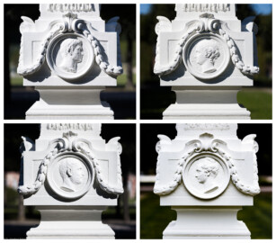 Schloss und Schlossgarten Schwetzingen - Garten - Kreisparterre, nordwestliches Rasenfeld, entlang der Nord-Süd-Achse - Nordwestlicher Obelisk, Ost-/Süd-/West-/Nordseite - Blick auf verwitterte Profilbildnisse / Flachreliefs, umgeben von Lorbeerfestons (Personen nicht eindeutig identifizierbar) (Bildhauer: Peter Anton von Verschaffelt (1710-1793); Datierung: 1762-69; Obelisken Teil einer Vierergruppe im Kreisparterre; Material: roter Sandstein (Medaillons aus gelbem Sandstein); Fassung: Weiß; Obelisk dreigeteilt; Sockel, Block mit Medaillonbildnissen, eigentlicher Obelisk; Abmessungen: Höhe ca. 6 Meter, Sockel Höhe 155 cm / Breite 87 cm, Block mit Medaillons Höhe 67 cm / Breite 87 cm; Obelisk oben mit Tropfsteindekor) (aufgenommen im September 2023) Schloss und Schlossgarten Schwetzingen - Garten - Kreisparterre, nordwestliches Rasenfeld, entlang der Nord-Süd-Achse - Nordwestlicher Obelisk, Ost-/Süd-/West-/Nordseite - Blick auf verwitterte Profilbildnisse / Flachreliefs, umgeben von Lorbeerfestons (Personen nicht eindeutig identifizierbar) (Bildhauer: Peter Anton von Verschaffelt (1710-1793); Datierung: 1762-69; Obelisken Teil einer Vierergruppe im Kreisparterre; Material: roter Sandstein (Medaillons aus gelbem Sandstein); Fassung: Weiß; Obelisk dreigeteilt; Sockel, Block mit Medaillonbildnissen, eigentlicher Obelisk; Abmessungen: Höhe ca. 6 Meter, Sockel Höhe 155 cm / Breite 87 cm, Block mit Medaillons Höhe 67 cm / Breite 87 cm; Obelisk oben mit Tropfsteindekor) (aufgenommen im September 2023)