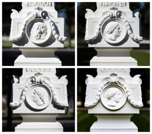 Schloss und Schlossgarten Schwetzingen - Garten - Kreisparterre, südwestliches Rasenfeld, entlang der Nord-Süd-Achse - Südwestlicher Obelisk, Ost-/Süd-/West-/Nordseite - Blick auf verwitterte Profilbildnisse / Flachreliefs, umgeben von Lorbeerfestons (Personen nicht eindeutig identifizierbar) (Bildhauer: Peter Anton von Verschaffelt (1710-1793); Datierung: 1762-69; Obelisken Teil einer Vierergruppe im Kreisparterre; Material: roter Sandstein (Medaillons aus gelbem Sandstein); Fassung: Weiß; Obelisk dreigeteilt; Sockel, Block mit Medaillonbildnissen, eigentlicher Obelisk; Abmessungen: Höhe ca. 6 Meter, Sockel Höhe 155 cm / Breite 87 cm, Block mit Medaillons Höhe 67 cm / Breite 87 cm; Obelisk oben mit Tropfsteindekor) (aufgenommen im September 2023) Schloss und Schlossgarten Schwetzingen - Garten - Kreisparterre, südwestliches Rasenfeld, entlang der Nord-Süd-Achse - Südwestlicher Obelisk, Ost-/Süd-/West-/Nordseite - Blick auf verwitterte Profilbildnisse / Flachreliefs, umgeben von Lorbeerfestons (Personen nicht eindeutig identifizierbar) (Bildhauer: Peter Anton von Verschaffelt (1710-1793); Datierung: 1762-69; Obelisken Teil einer Vierergruppe im Kreisparterre; Material: roter Sandstein (Medaillons aus gelbem Sandstein); Fassung: Weiß; Obelisk dreigeteilt; Sockel, Block mit Medaillonbildnissen, eigentlicher Obelisk; Abmessungen: Höhe ca. 6 Meter, Sockel Höhe 155 cm / Breite 87 cm, Block mit Medaillons Höhe 67 cm / Breite 87 cm; Obelisk oben mit Tropfsteindekor) (aufgenommen im September 2023)