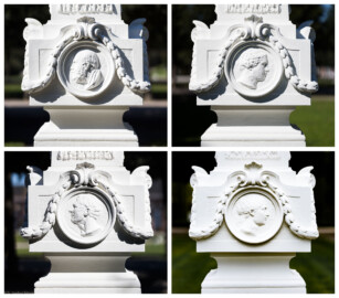 Schloss und Schlossgarten Schwetzingen - Garten - Kreisparterre, südöstliches Rasenfeld, entlang der Nord-Süd-Achse - Südöstlicher Obelisk, Ost-/Süd-/West-/Nordseite - Blick auf verwitterte Profilbildnisse / Flachreliefs, umgeben von Lorbeerfestons (Personen nicht eindeutig identifizierbar) (Bildhauer: Peter Anton von Verschaffelt (1710-1793); Datierung: 1762-69; Obelisken Teil einer Vierergruppe im Kreisparterre; Material: roter Sandstein (Medaillons aus gelbem Sandstein); Fassung: Weiß; Obelisk dreigeteilt; Sockel, Block mit Medaillonbildnissen, eigentlicher Obelisk; Abmessungen: Höhe ca. 6 Meter, Sockel Höhe 155 cm / Breite 87 cm, Block mit Medaillons Höhe 67 cm / Breite 87 cm; Obelisk oben mit Tropfsteindekor) (aufgenommen im September 2023) Schloss und Schlossgarten Schwetzingen - Garten - Kreisparterre, südöstliches Rasenfeld, entlang der Nord-Süd-Achse - Südöstlicher Obelisk, Ost-/Süd-/West-/Nordseite - Blick auf verwitterte Profilbildnisse / Flachreliefs, umgeben von Lorbeerfestons (Personen nicht eindeutig identifizierbar) (Bildhauer: Peter Anton von Verschaffelt (1710-1793); Datierung: 1762-69; Obelisken Teil einer Vierergruppe im Kreisparterre; Material: roter Sandstein (Medaillons aus gelbem Sandstein); Fassung: Weiß; Obelisk dreigeteilt; Sockel, Block mit Medaillonbildnissen, eigentlicher Obelisk; Abmessungen: Höhe ca. 6 Meter, Sockel Höhe 155 cm / Breite 87 cm, Block mit Medaillons Höhe 67 cm / Breite 87 cm; Obelisk oben mit Tropfsteindekor) (aufgenommen im September 2023)