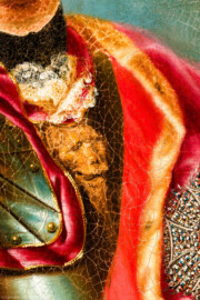 Schloss und Schlossgarten Schwetzingen - Schloss - Mittelbau - Von innen - 1. Obergeschoss - Appartment des Kurfürsten - Erstes Vorzimmer - Westwand, links der Tür zum zweiten Vorzimmer - Ausschnitt aus dem Porträt von Kurfürst Carl Theodor (1724-1799, reg. 1742-1799); gekleidet in einer Paraderüstung mit umgehängtem Mantel; an seiner linken Brust ein Bruststern des Ordens des Heiligen Hubertus (kurz Hubertusorden) mit der Abkürzung der Ordensdevise "In Treue fest" als Inschrift; mitten auf der Brust der zum Hausritterorden vom Heiligen Georg (kurz Georgsorden) gehörende Löwenkopf (Maler: Heinrich Carl Brandt (1724-1787); Datierung: um 1767) (aufgenommen im Dezember 2023, am späten Vormittag) Schloss und Schlossgarten Schwetzingen - Schloss - Mittelbau - Von innen - 1. Obergeschoss - Appartment des Kurfürsten - Erstes Vorzimmer - Westwand, links der Tür zum zweiten Vorzimmer - Ausschnitt aus dem Porträt von Kurfürst Carl Theodor (1724-1799, reg. 1742-1799); gekleidet in einer Paraderüstung mit umgehängtem Mantel; an seiner linken Brust ein Bruststern des Ordens des Heiligen Hubertus (kurz Hubertusorden) mit der Abkürzung der Ordensdevise "In Treue fest" als Inschrift; mitten auf der Brust der zum Hausritterorden vom Heiligen Georg (kurz Georgsorden) gehörende Löwenkopf (Maler: Heinrich Carl Brandt (1724-1787); Datierung: um 1767) (aufgenommen im Dezember 2023, am späten Vormittag)