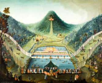 Schloss und Schlossgarten Schwetzingen - Schloss - Mittelbau - Von innen - 1. Obergeschoss - Appartment des Kurfürsten - Erstes Vorzimmer - Nordwand, rechts der Tür zur Hofloge - Jagdgemälde; in der Mitte die Inschrift "VIVAT CHURPFALTZ - GOTT ERHALTS"; Teil aus einem Zyklus von 16 großformatigen Jagdbildern; Darstellung einer sog. "eingestellten Jagd" unter Kurfürst Karl III. Philipp (1661-1742, reg. 1716-1742) (Maler und Datierung: unbekannt) (aufgenommen im Dezember 2023, am frühen Nachmittag)