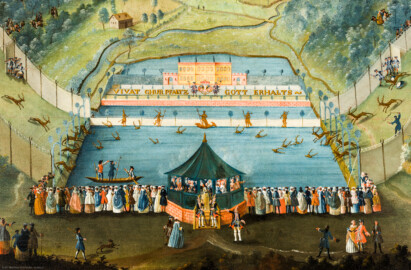 Schloss und Schlossgarten Schwetzingen - Schloss - Mittelbau - Von innen - 1. Obergeschoss - Appartment des Kurfürsten - Erstes Vorzimmer - Nordwand, rechts der Tür zur Hofloge - Ausschnitt aus dem Jagdgemälde; oberhalb der roten Backsteinmauer die Inschrift "VIVAT CHURPFALTZ - GOTT ERHALTS"; Gemälde aus einem Zyklus von 16 großformatigen Jagdbildern; Darstellung einer sog. "eingestellten Jagd" unter Kurfürst Karl III. Philipp (1661-1742, reg. 1716-1742) (Maler und Datierung: unbekannt) (aufgenommen im Dezember 2023, am frühen Nachmittag)