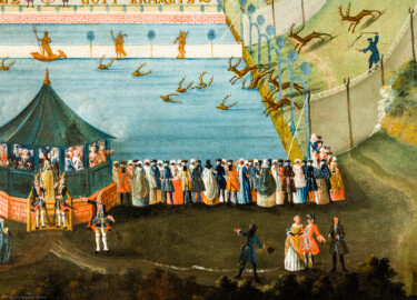 Schloss und Schlossgarten Schwetzingen - Schloss - Mittelbau - Von innen - 1. Obergeschoss - Appartment des Kurfürsten - Erstes Vorzimmer - Nordwand, rechts der Tür zur Hofloge - Ausschnitt aus dem Jagdgemälde; oberhalb der roten Backsteinmauer die Inschrift "VIVAT CHURPFALTZ - GOTT ERHALTS"; Gemälde aus einem Zyklus von 16 großformatigen Jagdbildern; Darstellung einer sog. "eingestellten Jagd" unter Kurfürst Karl III. Philipp (1661-1742, reg. 1716-1742) (Maler und Datierung: unbekannt) (aufgenommen im Dezember 2023, am frühen Nachmittag) Schloss und Schlossgarten Schwetzingen - Schloss - Mittelbau - Von innen - 1. Obergeschoss - Appartment des Kurfürsten - Erstes Vorzimmer - Nordwand, rechts der Tür zur Hofloge - Ausschnitt aus dem Jagdgemälde; oberhalb der roten Backsteinmauer die Inschrift "VIVAT CHURPFALTZ - GOTT ERHALTS"; Gemälde aus einem Zyklus von 16 großformatigen Jagdbildern; Darstellung einer sog. "eingestellten Jagd" unter Kurfürst Karl III. Philipp (1661-1742, reg. 1716-1742) (Maler und Datierung: unbekannt) (aufgenommen im Dezember 2023, am frühen Nachmittag)