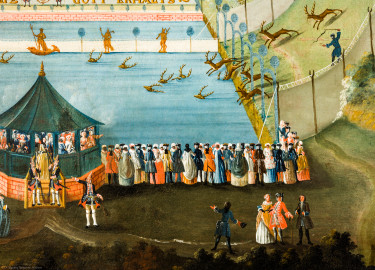 Schloss und Schlossgarten Schwetzingen - Schloss - Mittelbau - Von innen - 1. Obergeschoss - Appartment des Kurfürsten - Erstes Vorzimmer - Nordwand, rechts der Tür zur Hofloge - Ausschnitt aus dem Jagdgemälde; oberhalb der roten Backsteinmauer die Inschrift "VIVAT CHURPFALTZ - GOTT ERHALTS"; Gemälde aus einem Zyklus von 16 großformatigen Jagdbildern; Darstellung einer sog. "eingestellten Jagd" unter Kurfürst Karl III. Philipp (1661-1742, reg. 1716-1742) (Maler und Datierung: unbekannt) (aufgenommen im Dezember 2023, am frühen Nachmittag) Schloss und Schlossgarten Schwetzingen - Schloss - Mittelbau - Von innen - 1. Obergeschoss - Appartment des Kurfürsten - Erstes Vorzimmer - Nordwand, rechts der Tür zur Hofloge - Ausschnitt aus dem Jagdgemälde; oberhalb der roten Backsteinmauer die Inschrift "VIVAT CHURPFALTZ - GOTT ERHALTS"; Gemälde aus einem Zyklus von 16 großformatigen Jagdbildern; Darstellung einer sog. "eingestellten Jagd" unter Kurfürst Karl III. Philipp (1661-1742, reg. 1716-1742) (Maler und Datierung: unbekannt) (aufgenommen im Dezember 2023, am frühen Nachmittag)
