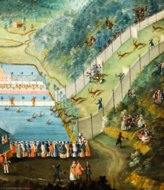 Schloss und Schlossgarten Schwetzingen - Schloss - Mittelbau - Von innen - 1. Obergeschoss - Appartment des Kurfürsten - Erstes Vorzimmer - Nordwand, rechts der Tür zur Hofloge - Ausschnitt aus dem Jagdgemälde; oberhalb der roten Backsteinmauer die Inschrift "VIVAT CHURPFALTZ - GOTT ERHALTS"; Gemälde aus einem Zyklus von 16 großformatigen Jagdbildern; Darstellung einer sog. "eingestellten Jagd" unter Kurfürst Karl III. Philipp (1661-1742, reg. 1716-1742) (Maler und Datierung: unbekannt) (aufgenommen im Dezember 2023, am frühen Nachmittag) Schloss und Schlossgarten Schwetzingen - Schloss - Mittelbau - Von innen - 1. Obergeschoss - Appartment des Kurfürsten - Erstes Vorzimmer - Nordwand, rechts der Tür zur Hofloge - Ausschnitt aus dem Jagdgemälde; oberhalb der roten Backsteinmauer die Inschrift "VIVAT CHURPFALTZ - GOTT ERHALTS"; Gemälde aus einem Zyklus von 16 großformatigen Jagdbildern; Darstellung einer sog. "eingestellten Jagd" unter Kurfürst Karl III. Philipp (1661-1742, reg. 1716-1742) (Maler und Datierung: unbekannt) (aufgenommen im Dezember 2023, am frühen Nachmittag)