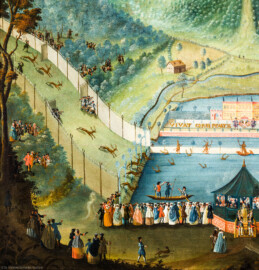 Schloss und Schlossgarten Schwetzingen - Schloss - Mittelbau - Von innen - 1. Obergeschoss - Appartment des Kurfürsten - Erstes Vorzimmer - Nordwand, rechts der Tür zur Hofloge - Ausschnitt aus dem Jagdgemälde; oberhalb der roten Backsteinmauer die Inschrift "VIVAT CHURPFALTZ - GOTT ERHALTS"; Gemälde aus einem Zyklus von 16 großformatigen Jagdbildern; Darstellung einer sog. "eingestellten Jagd" unter Kurfürst Karl III. Philipp (1661-1742, reg. 1716-1742) (Maler und Datierung: unbekannt) (aufgenommen im Dezember 2023, am frühen Nachmittag) Schloss und Schlossgarten Schwetzingen - Schloss - Mittelbau - Von innen - 1. Obergeschoss - Appartment des Kurfürsten - Erstes Vorzimmer - Nordwand, rechts der Tür zur Hofloge - Ausschnitt aus dem Jagdgemälde; oberhalb der roten Backsteinmauer die Inschrift "VIVAT CHURPFALTZ - GOTT ERHALTS"; Gemälde aus einem Zyklus von 16 großformatigen Jagdbildern; Darstellung einer sog. "eingestellten Jagd" unter Kurfürst Karl III. Philipp (1661-1742, reg. 1716-1742) (Maler und Datierung: unbekannt) (aufgenommen im Dezember 2023, am frühen Nachmittag)