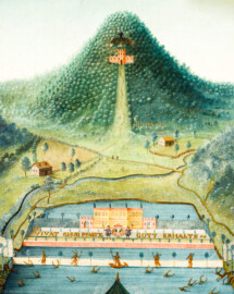 Schloss und Schlossgarten Schwetzingen - Schloss - Mittelbau - Von innen - 1. Obergeschoss - Appartment des Kurfürsten - Erstes Vorzimmer - Nordwand, rechts der Tür zur Hofloge - Ausschnitt aus dem Jagdgemälde; oberhalb der roten Backsteinmauer die Inschrift "VIVAT CHURPFALTZ - GOTT ERHALTS"; Gemälde aus einem Zyklus von 16 großformatigen Jagdbildern; Darstellung einer sog. "eingestellten Jagd" unter Kurfürst Karl III. Philipp (1661-1742, reg. 1716-1742) (Maler und Datierung: unbekannt) (aufgenommen im Dezember 2023, am frühen Nachmittag) Schloss und Schlossgarten Schwetzingen - Schloss - Mittelbau - Von innen - 1. Obergeschoss - Appartment des Kurfürsten - Erstes Vorzimmer - Nordwand, rechts der Tür zur Hofloge - Ausschnitt aus dem Jagdgemälde; oberhalb der roten Backsteinmauer die Inschrift "VIVAT CHURPFALTZ - GOTT ERHALTS"; Gemälde aus einem Zyklus von 16 großformatigen Jagdbildern; Darstellung einer sog. "eingestellten Jagd" unter Kurfürst Karl III. Philipp (1661-1742, reg. 1716-1742) (Maler und Datierung: unbekannt) (aufgenommen im Dezember 2023, am frühen Nachmittag)