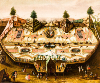 Schloss und Schlossgarten Schwetzingen - Schloss - Mittelbau - Von innen - 1. Obergeschoss - Appartment des Kurfürsten - Erstes Vorzimmer - Südwand, linke Seite - Jagdgemälde; links die Inschrift "VIVAT CAROLUS THEODORUS", rechts "VIVAT ELISABETHA AUGUSTA", in der Mitte das Wappen der Kurpfalz; Darstellung einer sog. "eingestellten Jagd" unter Kurfürst Carl Theodor (1724-1799, reg. 1742-1799) (Maler und Datierung: unbekannt) (aufgenommen im Dezember 2023, um die Mittagszeit) Schloss und Schlossgarten Schwetzingen - Schloss - Mittelbau - Von innen - 1. Obergeschoss - Appartment des Kurfürsten - Erstes Vorzimmer - Südwand, linke Seite - Jagdgemälde; links die Inschrift "VIVAT CAROLUS THEODORUS", rechts "VIVAT ELISABETHA AUGUSTA", in der Mitte das Wappen der Kurpfalz; Darstellung einer sog. "eingestellten Jagd" unter Kurfürst Carl Theodor (1724-1799, reg. 1742-1799) (Maler und Datierung: unbekannt) (aufgenommen im Dezember 2023, um die Mittagszeit)