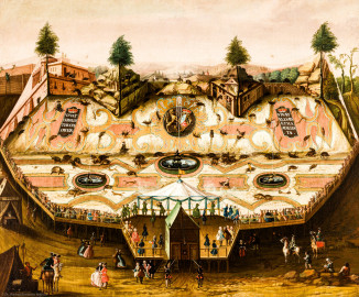 Schloss und Schlossgarten Schwetzingen - Schloss - Mittelbau - Von innen - 1. Obergeschoss - Appartment des Kurfürsten - Erstes Vorzimmer - Südwand, linke Seite - Jagdgemälde; links die Inschrift "VIVAT CAROLUS THEODORUS", rechts "VIVAT ELISABETHA AUGUSTA", in der Mitte das Wappen der Kurpfalz; Darstellung einer sog. "eingestellten Jagd" unter Kurfürst Carl Theodor (1724-1799, reg. 1742-1799) (Maler und Datierung: unbekannt) (aufgenommen im Dezember 2023, um die Mittagszeit) Schloss und Schlossgarten Schwetzingen - Schloss - Mittelbau - Von innen - 1. Obergeschoss - Appartment des Kurfürsten - Erstes Vorzimmer - Südwand, linke Seite - Jagdgemälde; links die Inschrift "VIVAT CAROLUS THEODORUS", rechts "VIVAT ELISABETHA AUGUSTA", in der Mitte das Wappen der Kurpfalz; Darstellung einer sog. "eingestellten Jagd" unter Kurfürst Carl Theodor (1724-1799, reg. 1742-1799) (Maler und Datierung: unbekannt) (aufgenommen im Dezember 2023, um die Mittagszeit)
