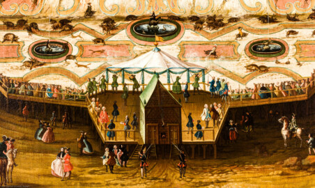 Schloss und Schlossgarten Schwetzingen - Schloss - Mittelbau - Von innen - 1. Obergeschoss - Appartment des Kurfürsten - Erstes Vorzimmer - Südwand, linke Seite - Ausschnitt aus einem Jagdgemälde; Darstellung einer sog. "eingestellten Jagd" unter Kurfürst Carl Theodor (1724-1799, reg. 1742-1799) (Maler und Datierung: unbekannt) (aufgenommen im Dezember 2023, um die Mittagszeit)