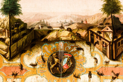 Schloss und Schlossgarten Schwetzingen - Schloss - Mittelbau - Von innen - 1. Obergeschoss - Appartment des Kurfürsten - Erstes Vorzimmer - Südwand, linke Seite - Ausschnitt aus einem Jagdgemälde; in der Mitte das Wappen der Kurpfalz; Darstellung einer sog. "eingestellten Jagd" unter Kurfürst Carl Theodor (1724-1799, reg. 1742-1799) (Maler und Datierung: unbekannt) (aufgenommen im Dezember 2023, am frühen Nachmittag) Schloss und Schlossgarten Schwetzingen - Schloss - Mittelbau - Von innen - 1. Obergeschoss - Appartment des Kurfürsten - Erstes Vorzimmer - Südwand, linke Seite - Ausschnitt aus einem Jagdgemälde; in der Mitte das Wappen der Kurpfalz; Darstellung einer sog. "eingestellten Jagd" unter Kurfürst Carl Theodor (1724-1799, reg. 1742-1799) (Maler und Datierung: unbekannt) (aufgenommen im Dezember 2023, am frühen Nachmittag)