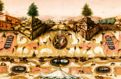 Schloss und Schlossgarten Schwetzingen - Schloss - Mittelbau - Von innen - 1. Obergeschoss - Appartment des Kurfürsten - Erstes Vorzimmer - Südwand, linke Seite - Ausschnitt aus einem Jagdgemälde; links die Inschrift "VIVAT CAROLUS THEODORUS", rechts "VIVAT ELISABETHA AUGUSTA", in der Mitte das Wappen der Kurpfalz; Darstellung einer sog. "eingestellten Jagd" unter Kurfürst Carl Theodor (1724-1799, reg. 1742-1799) (Maler und Datierung: unbekannt) (aufgenommen im Dezember 2023, am frühen Nachmittag)