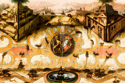 Schloss und Schlossgarten Schwetzingen - Schloss - Mittelbau - Von innen - 1. Obergeschoss - Appartment des Kurfürsten - Erstes Vorzimmer - Südwand, linke Seite - Ausschnitt aus einem Jagdgemälde; in der Mitte das Wappen der Kurpfalz; Darstellung einer sog. "eingestellten Jagd" unter Kurfürst Carl Theodor (1724-1799, reg. 1742-1799) (Maler und Datierung: unbekannt) (aufgenommen im Dezember 2023, am frühen Nachmittag) Schloss und Schlossgarten Schwetzingen - Schloss - Mittelbau - Von innen - 1. Obergeschoss - Appartment des Kurfürsten - Erstes Vorzimmer - Südwand, linke Seite - Ausschnitt aus einem Jagdgemälde; in der Mitte das Wappen der Kurpfalz; Darstellung einer sog. "eingestellten Jagd" unter Kurfürst Carl Theodor (1724-1799, reg. 1742-1799) (Maler und Datierung: unbekannt) (aufgenommen im Dezember 2023, am frühen Nachmittag)
