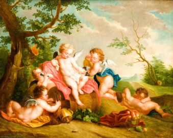 Schloss und Schlossgarten Schwetzingen - Schloss - Mittelbau - Von innen - 1. Obergeschoss - Appartment des Kurfürsten - Zweites  Vorzimmer - Südwand, über dem Kamin - Gemälde: Putti in einer Waldlandschaft (Maler: Franz Anton Leitenstorffer (1721-1795); Datierung: unbekannt) (aufgenommen im Dezember 2023, am frühen Nachmittag)