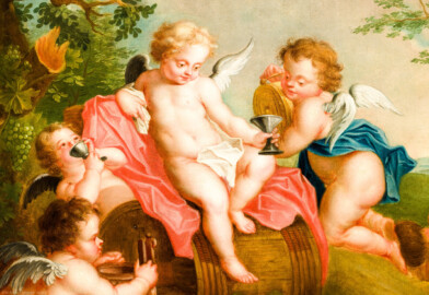Schloss und Schlossgarten Schwetzingen - Schloss - Mittelbau - Von innen - 1. Obergeschoss - Appartment des Kurfürsten - Zweites  Vorzimmer - Südwand, über dem Kamin - Ausschnitt aus dem Gemälde: Putti in einer Waldlandschaft (Maler: Franz Anton Leitenstorffer (1721-1795); Datierung: unbekannt) (aufgenommen im Dezember 2023, am frühen Nachmittag)