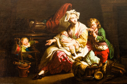 Schloss und Schlossgarten Schwetzingen - Schloss - Mittelbau - Von innen - 1. Obergeschoss - Appartment des Kurfürsten - Kabinett - Nordwestwand, über dem Kamin - Ausschnitt aus dem Gemälde "Die gute Mutter" (Maler: Ferdinand Kobell (1740-1799)) (aufgenommen im Dezember 2023, am Nachmittag) Schloss und Schlossgarten Schwetzingen - Schloss - Mittelbau - Von innen - 1. Obergeschoss - Appartment des Kurfürsten - Kabinett - Nordwestwand, über dem Kamin - Ausschnitt aus dem Gemälde "Die gute Mutter" (Maler: Ferdinand Kobell (1740-1799)) (aufgenommen im Dezember 2023, am Nachmittag)