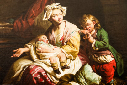 Schloss und Schlossgarten Schwetzingen - Schloss - Mittelbau - Von innen - 1. Obergeschoss - Appartment des Kurfürsten - Kabinett - Nordwestwand, über dem Kamin - Ausschnitt aus dem Gemälde "Die gute Mutter" (Maler: Ferdinand Kobell (1740-1799)) (aufgenommen im Dezember 2023, am Nachmittag) Schloss und Schlossgarten Schwetzingen - Schloss - Mittelbau - Von innen - 1. Obergeschoss - Appartment des Kurfürsten - Kabinett - Nordwestwand, über dem Kamin - Ausschnitt aus dem Gemälde "Die gute Mutter" (Maler: Ferdinand Kobell (1740-1799)) (aufgenommen im Dezember 2023, am Nachmittag)