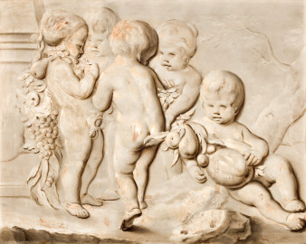 Schloss und Schlossgarten Schwetzingen - Schloss - Mittelbau - Von innen - 1. Obergeschoss - Appartment des Kurfürsten - Kabinett - Nordwand, Tür zum Arbeitskabinett - Supraporte "Allegorie des Herbstes", in Grisaille-Technik (Maler: Franz Anton Leitenstorffer (1721-1795); Datierung: um 1760) (aufgenommen im Dezember 2023, am Nachmittag) Schloss und Schlossgarten Schwetzingen - Schloss - Mittelbau - Von innen - 1. Obergeschoss - Appartment des Kurfürsten - Kabinett - Nordwand, Tür zum Arbeitskabinett - Supraporte "Allegorie des Herbstes", in Grisaille-Technik (Maler: Franz Anton Leitenstorffer (1721-1795); Datierung: um 1760) (aufgenommen im Dezember 2023, am Nachmittag)
