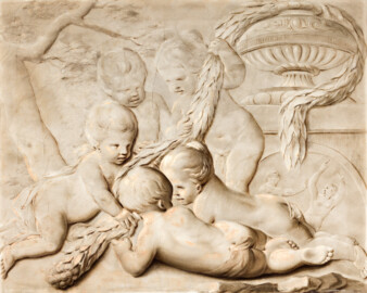 Schloss und Schlossgarten Schwetzingen - Schloss - Mittelbau - Von innen - 1. Obergeschoss - Appartment des Kurfürsten - Kabinett - Ostwand, Tür zum Schlafzimmer - Supraporte "Allegorie des Ruhmes", in Grisaille-Technik  (Maler: Franz Anton Leitenstorffer (1721-1795); Datierung: um 1760) (aufgenommen im Dezember 2023, am Nachmittag)