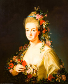 Schloss und Schlossgarten Schwetzingen - Schloss - Mittelbau - Von innen - 1. Obergeschoss - Appartment des Kurfürsten - Kabinett - Westwand, südliche Seite - Kopie nach einem Porträt der Maria Josepha Seyffert (1748-1771, seit 1769 Gräfin von Heydeck), eine Mätresse des Kurfürsten Carl Theodor, dargestellt in der Rolle der römischen Flora (Kopist: K. Sturm, Datierung: 1960; Maler: Johann Peter Hoffmeister (1740-1772), Datierung: 1770, Ort: Kurpfälzisches Museum Heidelberg) (aufgenommen im Dezember 2023, am Nachmittag)