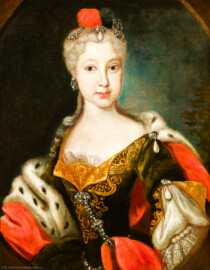 Schloss und Schlossgarten Schwetzingen - Schloss - Mittelbau - Von innen - 1. Obergeschoss - Appartment der Kurfürstin - Audienzzimmer - Nordwand, rechts neben der Tür zum Konferenzzimmer - Porträt der Maria Franziska von Pfalz-Sulzbach (1724-1794), Pfalzgräfin von Sulzbach, Pfalzgräfin und Herzogin von Birkenfeld, jüngere Schwester der Kurfürstin Elisabeth Auguste von Pfalz-Sulzbach  (Maler und Datierung: unbekannt) (aufgenommen im Januar 2024, am späten Vormittag)