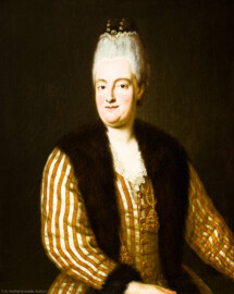 Schloss und Schlossgarten Schwetzingen - Schloss - Mittelbau - Von innen - 1. Obergeschoss - Appartment der Kurfürstin - Audienzzimmer - Ostwand, Südseite - Porträt von Auguste Wilhelmine von Hessen-Darmstadt (1765-1796), erste Gemahlin von Maximilian I. Joseph (1756-1825), Herzogin von Pfalz-Zweibrücken (Maler: Georg P. Mayer, Datierung: unbekannt) (aufgenommen im Januar 2024, am frühen Nachmittag)