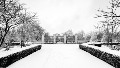 Schloss und Schlossgarten Schwetzingen - Garten - Obstgarten - Westliches Tor - Von Westen - Blick vom östlichen Eingang zum Türkischen Garten auf das westliche Tor des Obstgartens bei Schneefall  (aufgenommen im Januar 2024, am frühen Nachmittag)