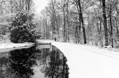 Schloss und Schlossgarten Schwetzingen - Garten - Moscheeweiher - Nordöstliche Brücke zur Insel - Von Südost - Blick vom Weg von der Moschee zum Großen Weiher auf die nordöstliche Brücke zur Insel des Moscheeweihers bei Schneefall; links die Insel des Moscheeweihers (aufgenommen im Januar 2024, am frühen Nachmittag)