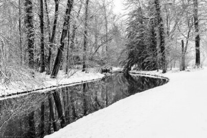 Schloss und Schlossgarten Schwetzingen - Garten - Moscheeweiher - Zwischen den beiden Brücken zur Insel - Von Osten - Blick vom Weg von der Moschee zum Großen Weiher auf den kanalähnlichen Teil des Moscheeweihers bei Schneefall; links die Insel des Moscheeweihers (aufgenommen im Januar 2024, am frühen Nachmittag)