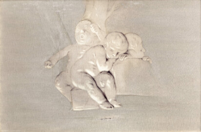 Schloss und Schlossgarten Schwetzingen - Schloss - Mittelbau - Von innen - 1. Obergeschoss - Appartment der Kurfürstin - Audienzzimmer - Ostwand, oberhalb der Flügeltür zum Speisezimmer - Kopie einer Supraporte in Grisaille-Manier mit spielenden Putti (Kopist: unbekannt, Maler: Franz Anton Leitenstorffer (1721-1795), Datierung: unbekannt) (aufgenommen im Januar 2024,um die Mittagszeit)