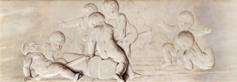Schloss und Schlossgarten Schwetzingen - Schloss - Mittelbau - Von innen - 1. Obergeschoss - Appartment der Kurfürstin - Schlafzimmer - Nordwand, oberhalb der Flügeltür zum Audienzzimmer - Kopie einer Supraporte in Grisaille-Manier mit spielenden Putti (Kopist: unbekannt, Maler: Franz Anton Leitenstorffer (1721-1795), Datierung: unbekannt) (aufgenommen im Januar 2024, am frühen Nachmittag) Schloss und Schlossgarten Schwetzingen - Schloss - Mittelbau - Von innen - 1. Obergeschoss - Appartment der Kurfürstin - Schlafzimmer - Nordwand, oberhalb der Flügeltür zum Audienzzimmer - Kopie einer Supraporte in Grisaille-Manier mit spielenden Putti (Kopist: unbekannt, Maler: Franz Anton Leitenstorffer (1721-1795), Datierung: unbekannt) (aufgenommen im Januar 2024, am frühen Nachmittag)