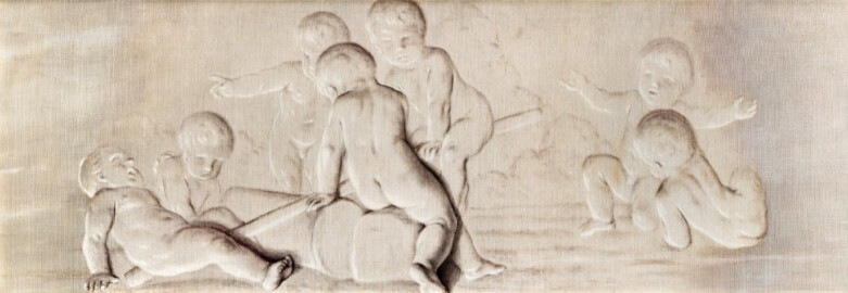 Schloss und Schlossgarten Schwetzingen - Schloss - Mittelbau - Von innen - 1. Obergeschoss - Appartment der Kurfürstin - Schlafzimmer - Nordwand, oberhalb der Flügeltür zum Audienzzimmer - Kopie einer Supraporte in Grisaille-Manier mit spielenden Putti (Kopist: unbekannt, Maler: Franz Anton Leitenstorffer (1721-1795), Datierung: unbekannt) (aufgenommen im Januar 2024, am frühen Nachmittag)