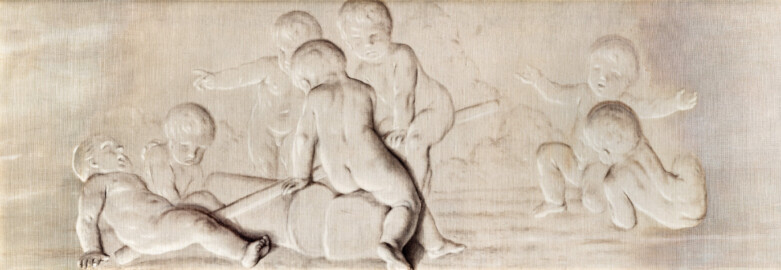 Schloss und Schlossgarten Schwetzingen - Schloss - Mittelbau - Von innen - 1. Obergeschoss - Appartment der Kurfürstin - Schlafzimmer - Nordwand, oberhalb der Flügeltür zum Audienzzimmer - Kopie einer Supraporte in Grisaille-Manier mit spielenden Putti (Kopist: unbekannt, Maler: Franz Anton Leitenstorffer (1721-1795), Datierung: unbekannt) (aufgenommen im Januar 2024, am frühen Nachmittag) Schloss und Schlossgarten Schwetzingen - Schloss - Mittelbau - Von innen - 1. Obergeschoss - Appartment der Kurfürstin - Schlafzimmer - Nordwand, oberhalb der Flügeltür zum Audienzzimmer - Kopie einer Supraporte in Grisaille-Manier mit spielenden Putti (Kopist: unbekannt, Maler: Franz Anton Leitenstorffer (1721-1795), Datierung: unbekannt) (aufgenommen im Januar 2024, am frühen Nachmittag)