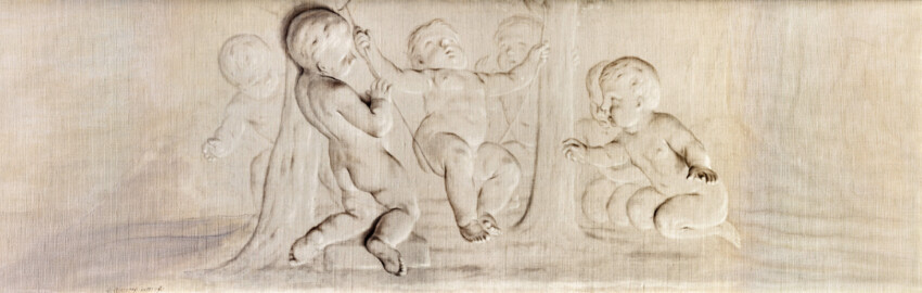 Schloss und Schlossgarten Schwetzingen - Schloss - Mittelbau - Von innen - 1. Obergeschoss - Appartment der Kurfürstin - Schlafzimmer - Südwand, oberhalb der Flügeltür zum Treppenhaus - Kopie einer Supraporte in Grisaille-Manier mit spielenden Putti (Kopist: unbekannt, Maler: Franz Anton Leitenstorffer (1721-1795), Datierung: unbekannt) (aufgenommen im Januar 2024, am frühen Nachmittag) Schloss und Schlossgarten Schwetzingen - Schloss - Mittelbau - Von innen - 1. Obergeschoss - Appartment der Kurfürstin - Schlafzimmer - Südwand, oberhalb der Flügeltür zum Treppenhaus - Kopie einer Supraporte in Grisaille-Manier mit spielenden Putti (Kopist: unbekannt, Maler: Franz Anton Leitenstorffer (1721-1795), Datierung: unbekannt) (aufgenommen im Januar 2024, am frühen Nachmittag)