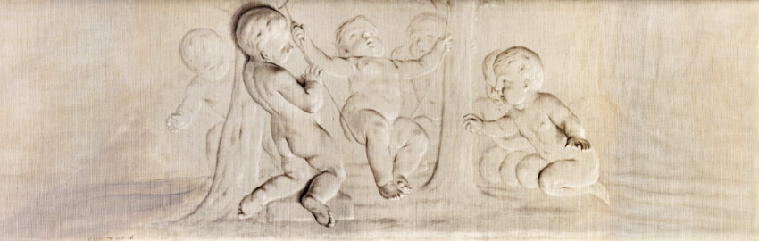 Schloss und Schlossgarten Schwetzingen - Schloss - Mittelbau - Von innen - 1. Obergeschoss - Appartment der Kurfürstin - Schlafzimmer - Südwand, oberhalb der Flügeltür zum Treppenhaus - Kopie einer Supraporte in Grisaille-Manier mit spielenden Putti (Kopist: unbekannt, Maler: Franz Anton Leitenstorffer (1721-1795), Datierung: unbekannt) (aufgenommen im Januar 2024, am frühen Nachmittag)