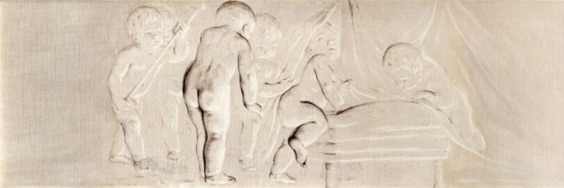 Schloss und Schlossgarten Schwetzingen - Schloss - Mittelbau - Von innen - 1. Obergeschoss - Appartment der Kurfürstin - Schlafzimmer - Ostwand, oberhalb der Flügeltür zum Kammerdienerinnen-Zimmer - Kopie einer Supraporte in Grisaille-Manier mit spielenden Putti (Kopist: unbekannt, Maler: Franz Anton Leitenstorffer (1721-1795), Datierung: unbekannt) (aufgenommen im Januar 2024, am Nachmittag) Schloss und Schlossgarten Schwetzingen - Schloss - Mittelbau - Von innen - 1. Obergeschoss - Appartment der Kurfürstin - Schlafzimmer - Ostwand, oberhalb der Flügeltür zum Kammerdienerinnen-Zimmer - Kopie einer Supraporte in Grisaille-Manier mit spielenden Putti (Kopist: unbekannt, Maler: Franz Anton Leitenstorffer (1721-1795), Datierung: unbekannt) (aufgenommen im Januar 2024, am Nachmittag)