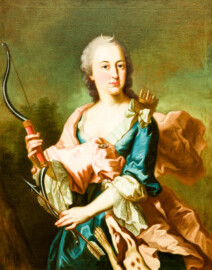 Schloss und Schlossgarten Schwetzingen - Schloss - Mittelbau - Von innen - 1. Obergeschoss - Appartment der Kurfürstin - Audienzzimmer - Südwand, Mitte, über dem Kamin - Porträt der Kurfürstin Elisabeth Auguste von Pfalz-Sulzbach (1721-1794), dargestellt als Jagdgöttin Diana (Maler: George Desmarées (1697-1776), Datierung: unbekannt) (aufgenommen im Januar 2024, am Nachmittag) Schloss und Schlossgarten Schwetzingen - Schloss - Mittelbau - Von innen - 1. Obergeschoss - Appartment der Kurfürstin - Audienzzimmer - Südwand, Mitte, über dem Kamin - Porträt der Kurfürstin Elisabeth Auguste von Pfalz-Sulzbach (1721-1794), dargestellt als Jagdgöttin Diana (Maler: George Desmarées (1697-1776), Datierung: unbekannt) (aufgenommen im Januar 2024, am Nachmittag)