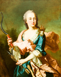 Schloss und Schlossgarten Schwetzingen - Schloss - Mittelbau - Von innen - 1. Obergeschoss - Appartment der Kurfürstin - Audienzzimmer - Südwand, Mitte, über dem Kamin - Porträt der Kurfürstin Elisabeth Auguste von Pfalz-Sulzbach (1721-1794), dargestellt als Jagdgöttin Diana (Maler: George Desmarées (1697-1776), Datierung: unbekannt) (aufgenommen im Januar 2024, am Nachmittag) Schloss und Schlossgarten Schwetzingen - Schloss - Mittelbau - Von innen - 1. Obergeschoss - Appartment der Kurfürstin - Audienzzimmer - Südwand, Mitte, über dem Kamin - Porträt der Kurfürstin Elisabeth Auguste von Pfalz-Sulzbach (1721-1794), dargestellt als Jagdgöttin Diana (Maler: George Desmarées (1697-1776), Datierung: unbekannt) (aufgenommen im Januar 2024, am Nachmittag)