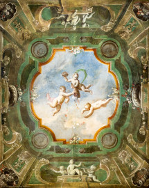 Schloss und Schlossgarten Schwetzingen - Schloss - Mittelbau - Von innen - 1. Obergeschoss - Appartment der Kurfürstin - Schreibkabinett im Erker - Decke - Deckengemälde: Putti im offenen Himmel über einer Scheinarchitektur (Maler: Franz Anton Leitenstorffer (1721-1795), Datierung: unbekannt) (aufgenommen im Februar 2024, um die Mittagszeit) Schloss und Schlossgarten Schwetzingen - Schloss - Mittelbau - Von innen - 1. Obergeschoss - Appartment der Kurfürstin - Schreibkabinett im Erker - Decke - Deckengemälde: Putti im offenen Himmel über einer Scheinarchitektur (Maler: Franz Anton Leitenstorffer (1721-1795), Datierung: unbekannt) (aufgenommen im Februar 2024, um die Mittagszeit)