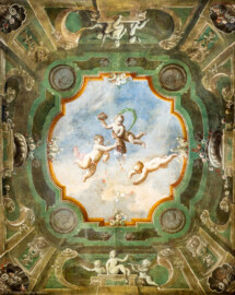 Schloss und Schlossgarten Schwetzingen - Schloss - Mittelbau - Von innen - 1. Obergeschoss - Appartment der Kurfürstin - Schreibkabinett im Erker - Decke - Deckengemälde: Putti im offenen Himmel über einer Scheinarchitektur (Maler: Franz Anton Leitenstorffer (1721-1795), Datierung: unbekannt) (aufgenommen im Februar 2024, um die Mittagszeit)