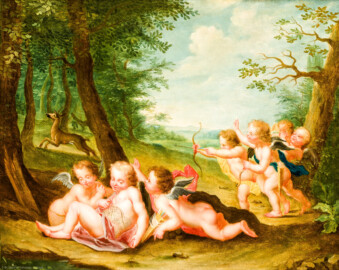 Schloss und Schlossgarten Schwetzingen - Schloss - Mittelbau - Von innen - 1. Obergeschoss - Credenzzimmer - Südwand, über dem Kamin - Gemälde: Putti in einer Waldlandschaft (Maler: Franz Anton Leitenstorffer (1721-1795); Datierung: 1780) (aufgenommen im Februar 2024, am frühen Nachmittag)