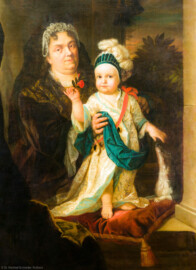 Schloss und Schlossgarten Schwetzingen - Schloss - Mittelbau - Von innen - 1. Obergeschoss - Speisezimmer - Nordwand, über dem Kamin - Porträt eines etwa zweijährigen Kindes (Ausschnitt); das Kind ist evtl. Carl Philipp August (1718-1724), Erbprinz von Pfalz-Sulzbach, erster Enkel des Kurfürsten Carl Philipp von der Pfalz, evtl. der spätere Kurfürst Carl Theodor (1724-1799, reg. 1742-1799) (Maler: unbekannt, Datierung: um 1720) (aufgenommen im Februar 2024, am Nachmittag) Schloss und Schlossgarten Schwetzingen - Schloss - Mittelbau - Von innen - 1. Obergeschoss - Speisezimmer - Nordwand, über dem Kamin - Porträt eines etwa zweijährigen Kindes (Ausschnitt); das Kind ist evtl. Carl Philipp August (1718-1724), Erbprinz von Pfalz-Sulzbach, erster Enkel des Kurfürsten Carl Philipp von der Pfalz, evtl. der spätere Kurfürst Carl Theodor (1724-1799, reg. 1742-1799) (Maler: unbekannt, Datierung: um 1720) (aufgenommen im Februar 2024, am Nachmittag)