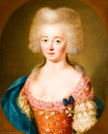 Schloss und Schlossgarten Schwetzingen - Schloss - Mittelbau - Von innen - 1. Obergeschoss - Dienerschaftsräume / Degagements - Kammerdienerinnen-Zimmer - Nordwand, linke Seite, neben der Tür zum Schlafzimmer - Porträt einer Hofdame mit Elisabeth-Orden an Damenschleife (aufgenommen im Februar 2024, am Nachmittag) Schloss und Schlossgarten Schwetzingen - Schloss - Mittelbau - Von innen - 1. Obergeschoss - Dienerschaftsräume / Degagements - Kammerdienerinnen-Zimmer - Nordwand, linke Seite, neben der Tür zum Schlafzimmer - Porträt einer Hofdame mit Elisabeth-Orden an Damenschleife (aufgenommen im Februar 2024, am Nachmittag)