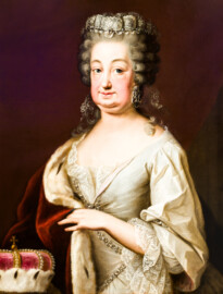 Schloss und Schlossgarten Schwetzingen - Schloss - Mittelbau - Von innen - 1. Obergeschoss - Dienerschaftsräume / Degagements - Kammerdienerinnen-Zimmer - Ostwand, linke Seite - Porträt von Elisabeth Auguste von Pfalz-Sulzbach (1721-1794), erste Ehefrau von Kurfürst Carl Theodor (1724-1799, reg. 1742-1799); links unten der Kurfürstenhut (Maler: Heinrich Carl Brandt (1724-1787); Datierung: vor 1787) (aufgenommen im Februar 2024, am Nachmittag)