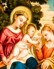 Schloss und Schlossgarten Schwetzingen - Schloss - Mittelbau - Von innen - 1. Obergeschoss - Appartment der Kurfürstin - Schlafzimmer - Ostwand, links neben dem Bett - Gemälde: Maria mit dem Jesuskind (aufgenommen im Februar 2024, am Nachmittag) Schloss und Schlossgarten Schwetzingen - Schloss - Mittelbau - Von innen - 1. Obergeschoss - Appartment der Kurfürstin - Schlafzimmer - Ostwand, links neben dem Bett - Gemälde: Maria mit dem Jesuskind (aufgenommen im Februar 2024, am Nachmittag)