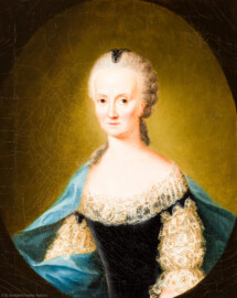 Schloss und Schlossgarten Schwetzingen - Schloss - Mittelbau - Von innen - 1. Obergeschoss - Dienerschaftsräume / Degagements - Kammerdienerinnen-Zimmer - Westwand, links der Tür zum Schlafzimmer - Porträt einer Hofdame der Kurfürstin Elisabeth Auguste; Halbbildnis, ohne Hände, in gemaltem Oval (Maler und Datierung: unklar) (aufgenommen im Februar 2024, um die Mittagszeit) Schloss und Schlossgarten Schwetzingen - Schloss - Mittelbau - Von innen - 1. Obergeschoss - Dienerschaftsräume / Degagements - Kammerdienerinnen-Zimmer - Westwand, links der Tür zum Schlafzimmer - Porträt einer Hofdame der Kurfürstin Elisabeth Auguste; Halbbildnis, ohne Hände, in gemaltem Oval (Maler und Datierung: unklar) (aufgenommen im Februar 2024, um die Mittagszeit)