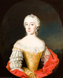 Schloss und Schlossgarten Schwetzingen - Schloss - Mittelbau - Von innen - 1. Obergeschoss - Dienerschaftsräume / Degagements - Kammerdienerinnen-Zimmer - Westwand, links der Tür zum Schlafzimmer - Vermutlich Porträt der Clara Gräfin von Groesbeck, Hofdame der Kurfürstin Elisabeth Auguste; Halbbildnis, ohne Hände, in gemaltem Oval (Maler: Johann Georg Ziesenis der Jüngere (1716-1776), Datierung: um 1745-1750; Öl/Leinwand, Höhe x Breite 45 x 37 cm; Rückseite später beschriftet: "Nro. 12 / Clara gräfin von Groesbeck / Hof dame 1745. / Camer fräulein, 1748."; Inv.-Nr. G 3839) (aufgenommen im Februar 2024, um die Mittagszeit) Schloss und Schlossgarten Schwetzingen - Schloss - Mittelbau - Von innen - 1. Obergeschoss - Dienerschaftsräume / Degagements - Kammerdienerinnen-Zimmer - Westwand, links der Tür zum Schlafzimmer - Vermutlich Porträt der Clara Gräfin von Groesbeck, Hofdame der Kurfürstin Elisabeth Auguste; Halbbildnis, ohne Hände, in gemaltem Oval (Maler: Johann Georg Ziesenis der Jüngere (1716-1776), Datierung: um 1745-1750; Öl/Leinwand, Höhe x Breite 45 x 37 cm; Rückseite später beschriftet: "Nro. 12 / Clara gräfin von Groesbeck / Hof dame 1745. / Camer fräulein, 1748."; Inv.-Nr. G 3839) (aufgenommen im Februar 2024, um die Mittagszeit)