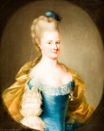 Schloss und Schlossgarten Schwetzingen - Schloss - Mittelbau - Von innen - 1. Obergeschoss - Dienerschaftsräume / Degagements - Kammerdienerinnen-Zimmer - Westwand, links der Tür zum Schlafzimmer - Porträt einer Hofdame der Kurfürstin Elisabeth Auguste; Halbbildnis, ohne Hände, in gemaltem Oval (Maler und Datierung: unklar) (aufgenommen im Februar 2024, um die Mittagszeit) Schloss und Schlossgarten Schwetzingen - Schloss - Mittelbau - Von innen - 1. Obergeschoss - Dienerschaftsräume / Degagements - Kammerdienerinnen-Zimmer - Westwand, links der Tür zum Schlafzimmer - Porträt einer Hofdame der Kurfürstin Elisabeth Auguste; Halbbildnis, ohne Hände, in gemaltem Oval (Maler und Datierung: unklar) (aufgenommen im Februar 2024, um die Mittagszeit)